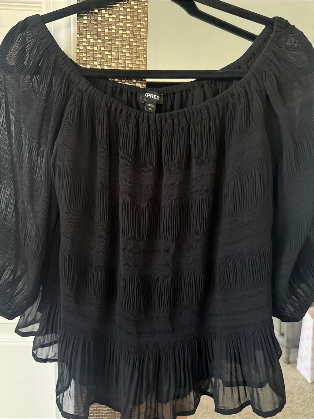 Express Black Off-Shoulder Textured Peasant Top M